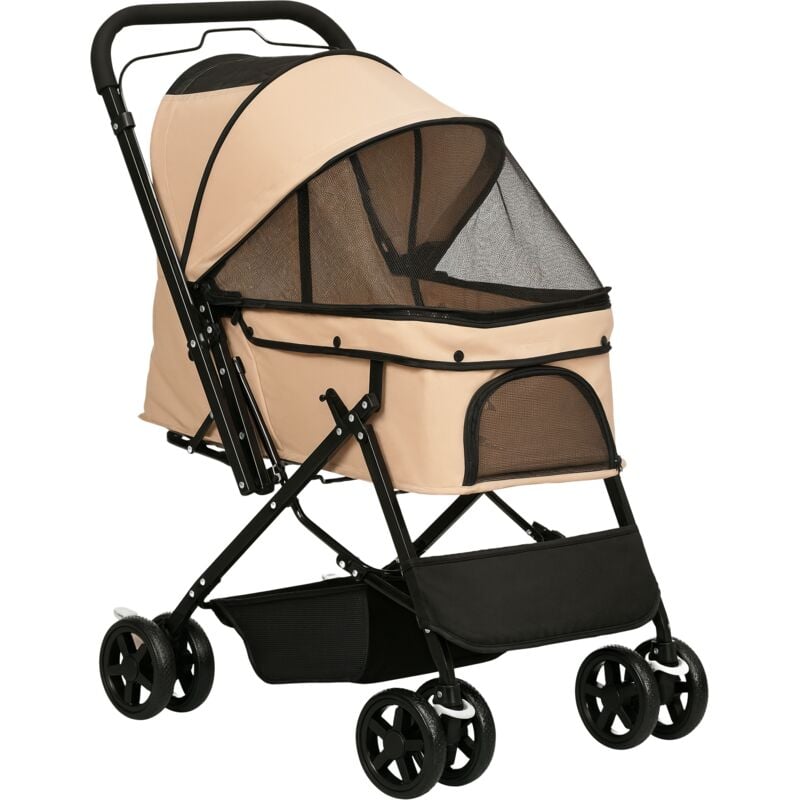 Pawhut - Poussette buggy pliable chien chat panier et sac de rangement attaches sécurité housse réglable poignée réglable acier Oxford beige
