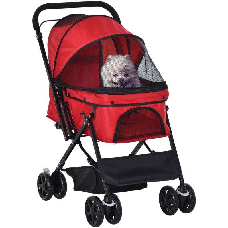 Pawhut - Poussette buggy pliable chien chat panier et sac de rangement attaches sécurité housse réglable poignée réglable acier Oxford rouge
