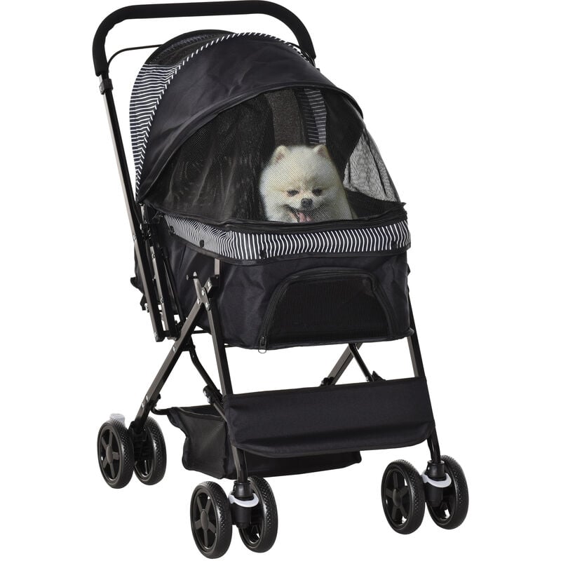 Pawhut - Poussette buggy pliable chien chat panier et sac de rangement attaches sécurité housse réglable poignée réglable acier Oxford noir