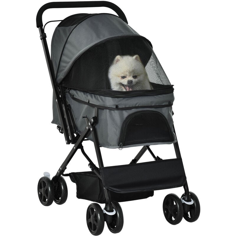Pawhut - Poussette buggy pliable chien chat panier et sac de rangement attaches sécurité housse réglable poignée réglable acier Oxford gris