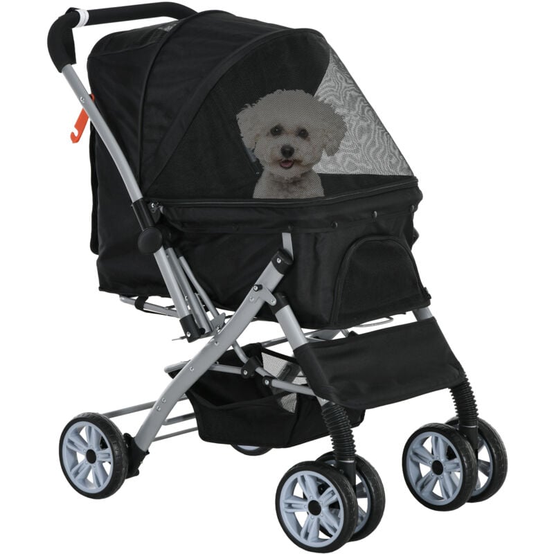 Pawhut - Poussette buggy pliable chien chat panier et sac de rangement attaches sécurité housse réglable poignée réversible acier Oxford noir