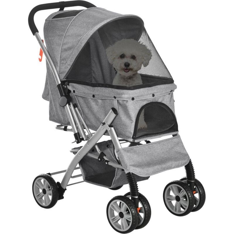 Pawhut - Poussette buggy pliable chien chat panier et sac de rangement attaches sécurité housse réglable poignée réversible acier Oxford gris chiné