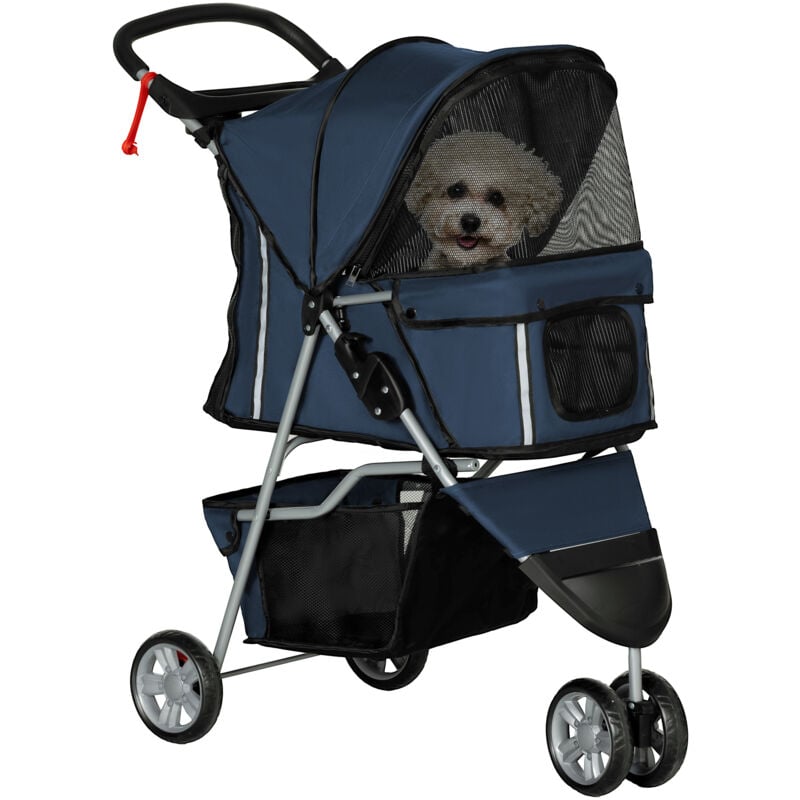 Pawhut - Poussette buggy pliable chien chat - porte-gobelet, panier rangement intégré - acier oxford bleu marine