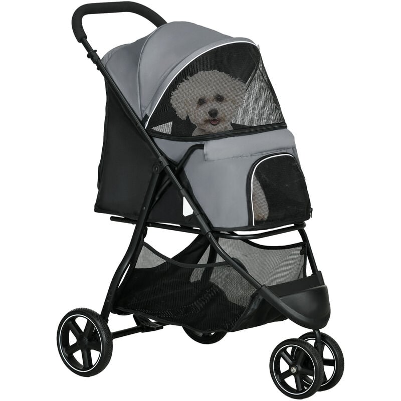 Pawhut - Poussette buggy pliable pour chien chat - 2 attaches, guidon réglable, panier - acier oxford gris