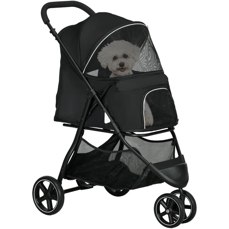 Poussette buggy pliable pour chien chat - 2 attaches, guidon réglable, panier - acier oxford noir