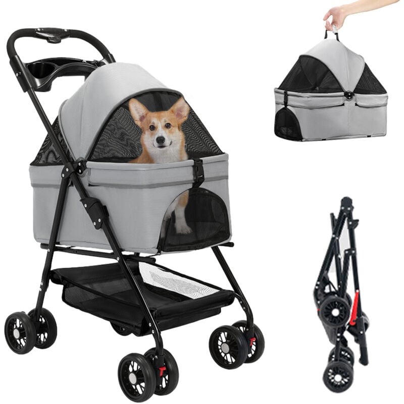 Poussette Chien 3-en-1, Poussette pour Chien Chat, Voyage Transporteur Amovible, Pliable Portable Landau pour Animaux - Gris