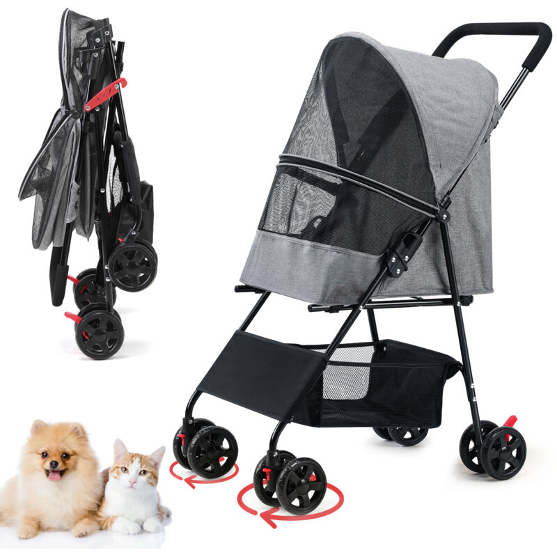 Magicfox - Poussette Chien, avec Panier de Rangement, 4 Roues, Poussette pour Chien Chat Tout Terrain Pliable, Léger et Pratique - Gris