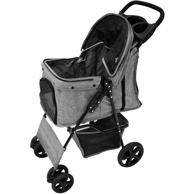 Monster Shop - Poussette Gris tissé pour Chien Chat Animaux de Compagnie Jusqu'à 15KG Pliable - Acier Robuste -Compacte - Panier & Porte-Gobelet