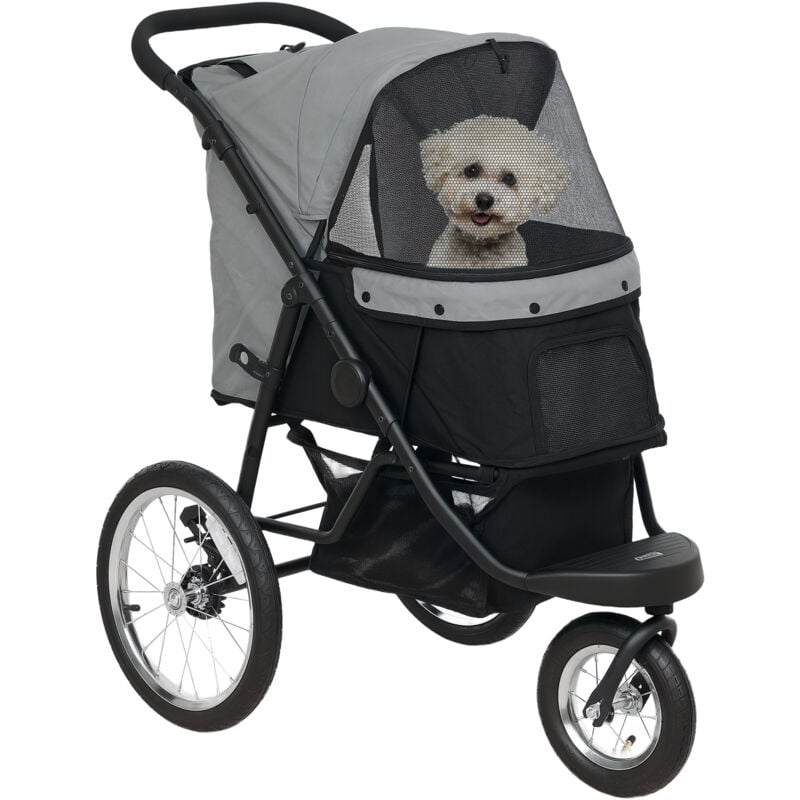 Pawhut - Poussette jogger pour chien pliable en un clic - panier de rangement, coussin lavable, attache, auvent réglable - gris