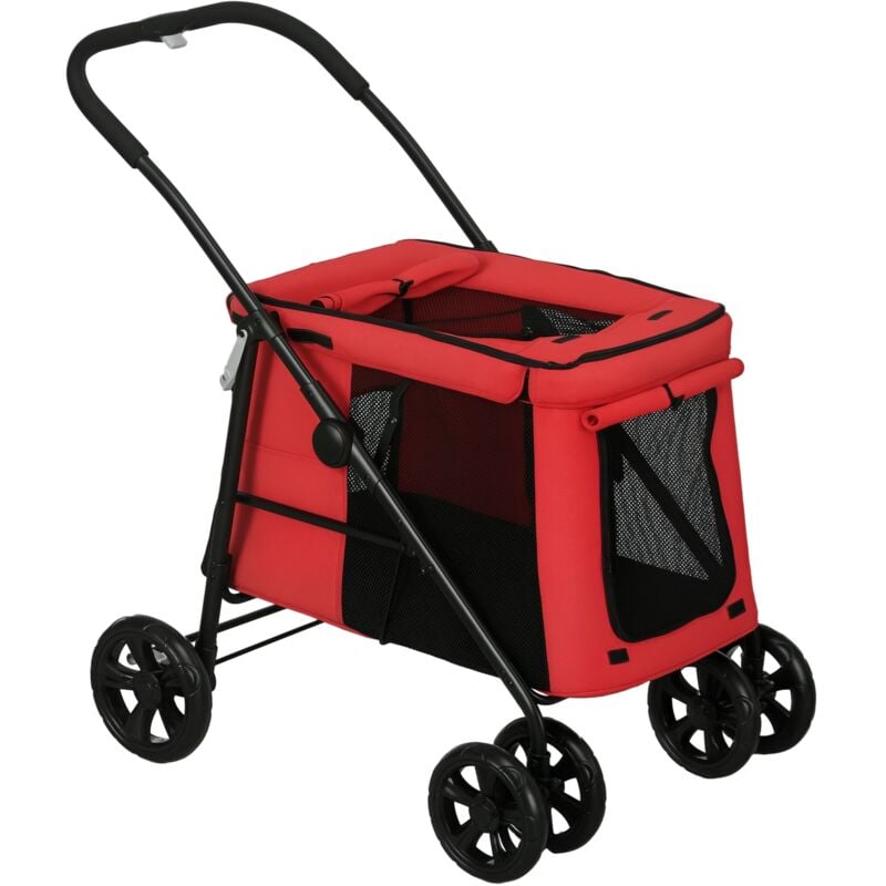 Pawhut - Poussette pliable pour chien chat 4 roues 3 pochettes rangement coussin acier oxford rouge
