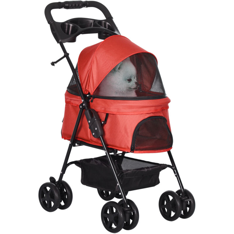 Poussette buggy pliable chien chat panier rangement porte-gobelets tissu 300D Oxford imperméable 4 roues rouge Poussette buggy pliable chien chat panier rangement porte-gobelets tissu 300D Oxford imperméable 4 roues rouge
