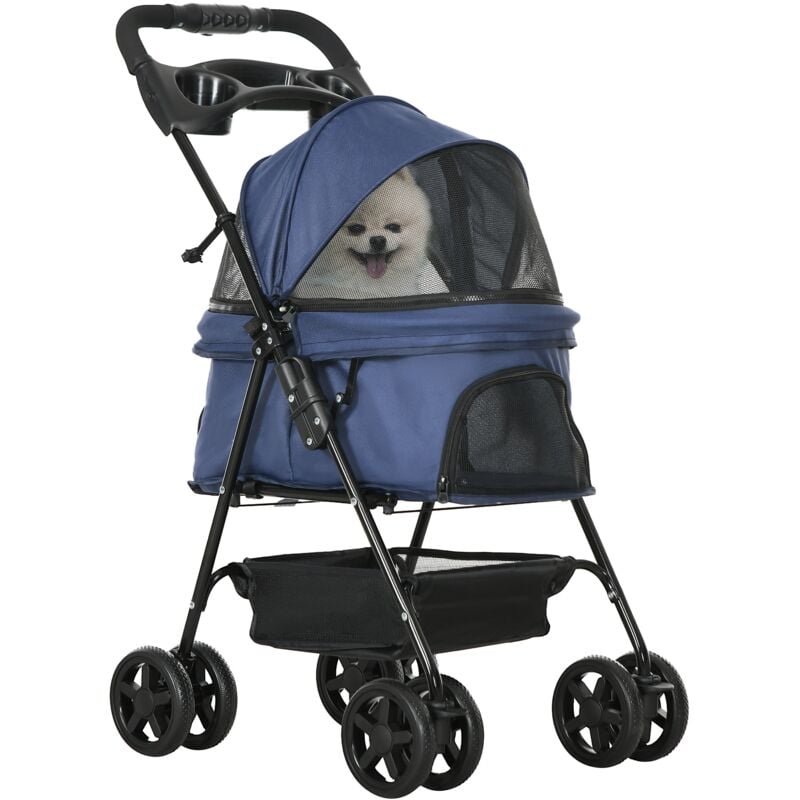 Pawhut - Poussette buggy pliable chien chat panier rangement porte-gobelets tissu 300D Oxford imperméable 4 roues bleu