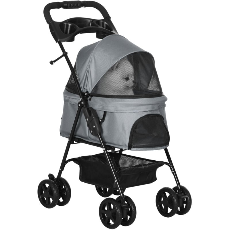 Pawhut - Poussette buggy pliable chien chat panier rangement porte-gobelets tissu 300D Oxford imperméable 4 roues gris