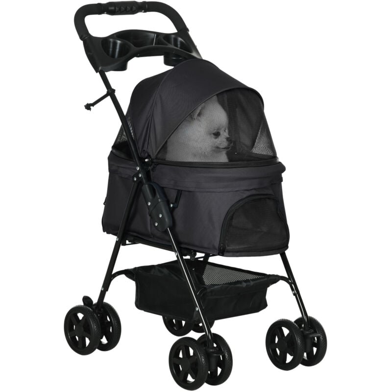 Pawhut - Poussette buggy pliable chien chat panier rangement porte-gobelets tissu 300D Oxford imperméable 4 roues noir