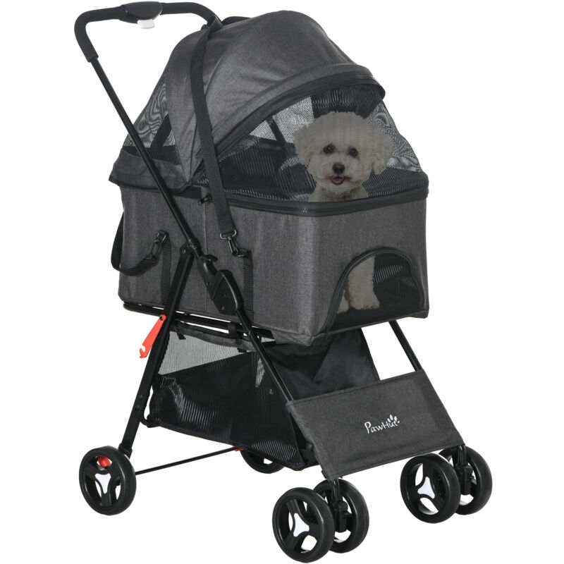 Pawhut - Poussette pour chien 3 en 1 - poussette buggy, panier de transport, panier voiture - acier noir Oxford gris