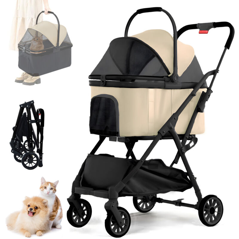 Magicfox - Poussette pour Chien Pliable - Animaux Chariot à 4 Roues avec Structure en acier au carbone, Panier amovible, Panier de Rangement - Kaki