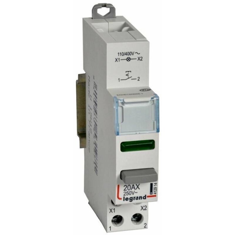 Inter poussoir modulaire double fonction contact 1NO + voyant led vert 110V à 400V 1 module (412914)