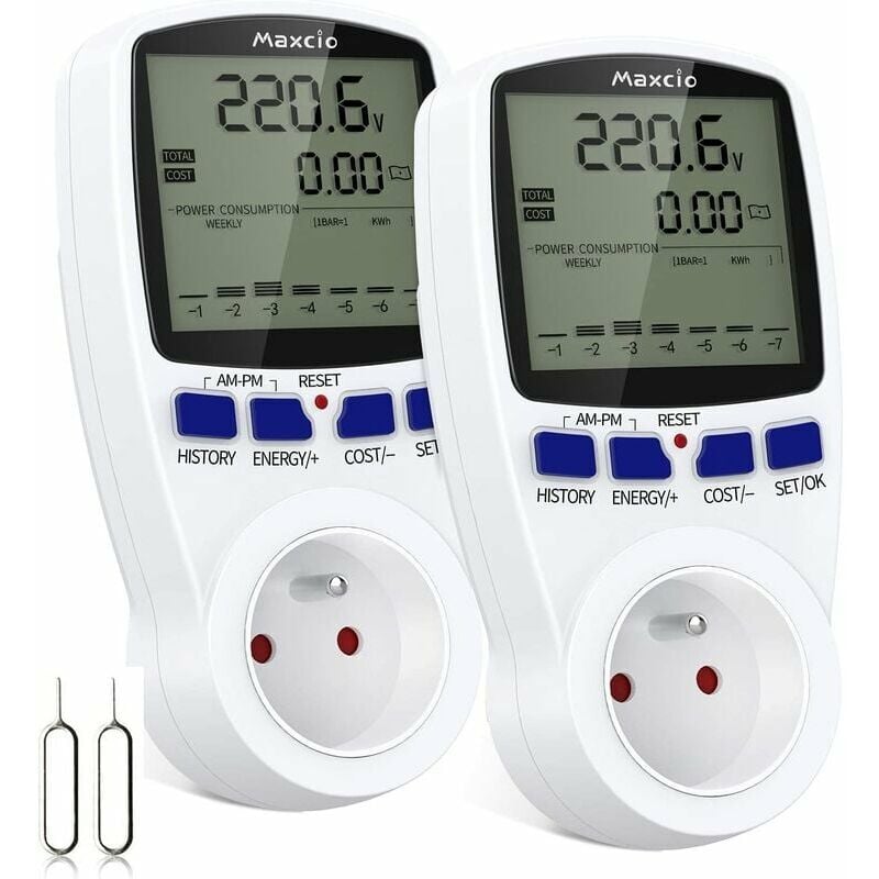 Niceone - Power Consumption Meter, Maxcio Socket Power Meter with lcd Display Overload Protection Power Consumption Meter Wattmeter 3680W max 2 Packs