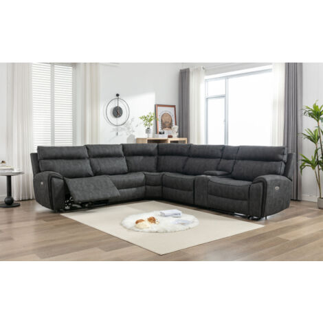 Power Corner Recliner Sofa Set Dark Grey - 5 Seater With Cup Holders