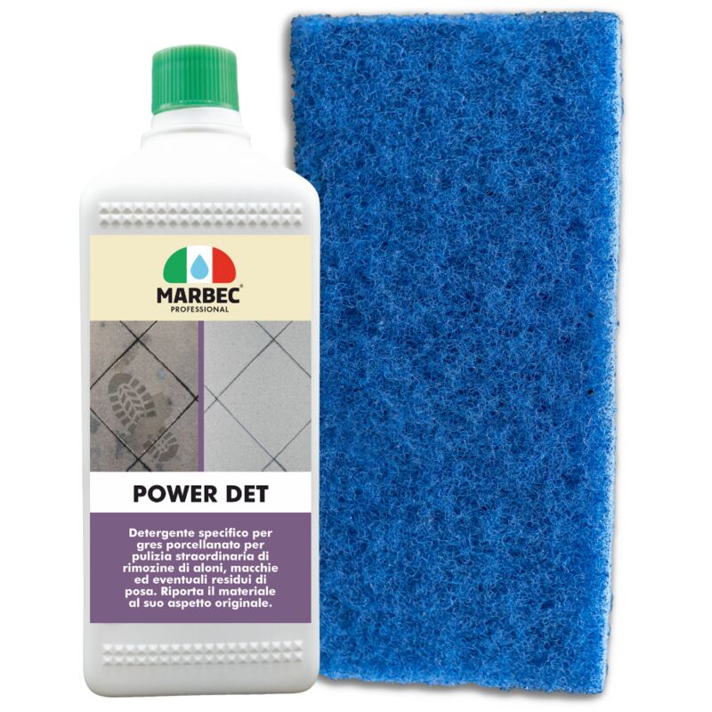 Power det 1LT + tampone blu Detergente intensivo per la pulizia smacchiante dei pavimenti in gres porcellanato. Rimuove patine, aloni, macchie