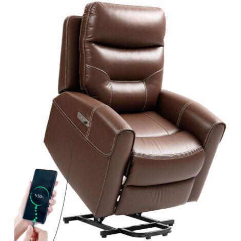 Power Lift Recliner Chair for Elderly, Overstuffed Faux Leather Riser and Reclining Chair with USB A+C Ports, Recliner Armchair for Living Room, Brown