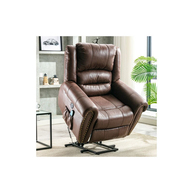 Power Massage Lift Recliner Chair Armchair Sofa with Heat & Vibration, Brownwith usb Port and 2 Side Pockets