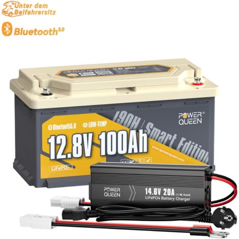 Power Queen 12V 100Ah Bluetooth H190 LiFePO4 Akku +14,6V 20A Ladegerät LiFePO4 (Zwei Pakete versandt）