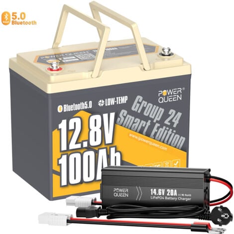 Power Queen 12V 100Ah LiFePO4 Batterie Bluetooth Lithium Akku mit Low-Temp Cut-Off+14,6V 20A Ladegerät LiFePO4（Zwei Pakete versandt）