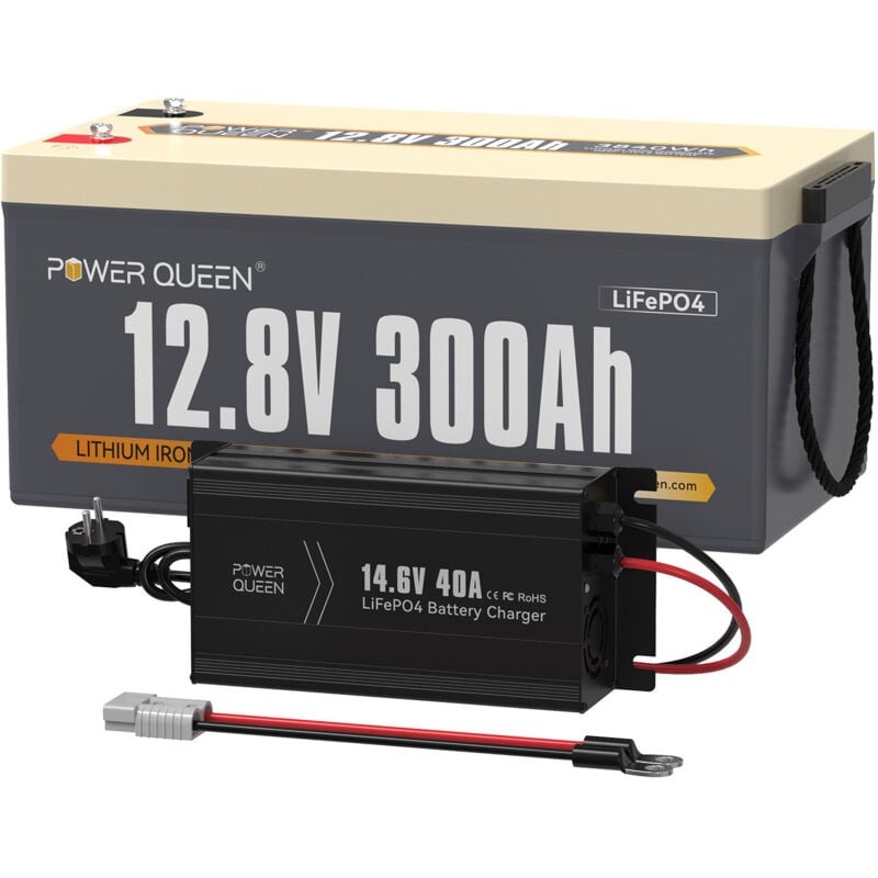 Batterie Lithium 12V300Ah 3840Wh Rechargeable LiFePO4+14,6V 40A Chargeur de Batterie au Lithium Power Queen Expédition en Deux Colis)