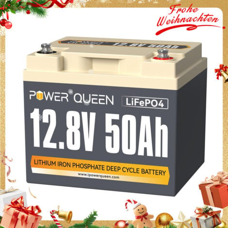 Power Queen 12V 50Ah Batterie Lithium LiFePO4 Akku, 4000-15000Zyklen, 10 Jahre Lebensdauer, Max.640 Wh Energie mit 50A BMS, Klasse A Zellen, perfekter Ersatz für Blei-Säure, SLA, AGM, GEL Batterie