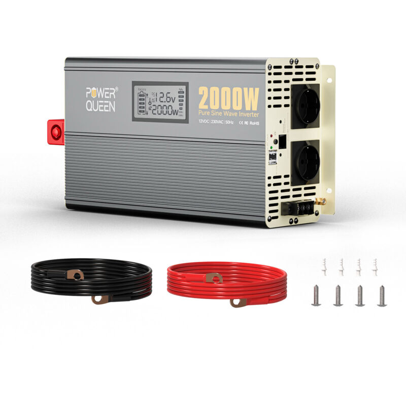 Power Queen - 2000W Onduleur sinusoïdal pur, convertisseur d'énergie solaire 12V dc à 220V-240V ac avec 2 sorties ac, écran lcd pour système