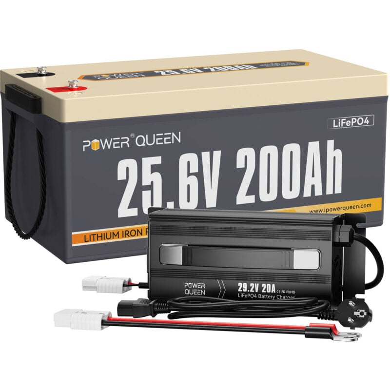 Batterie Lithium 24V 200Ah 5120Wh rechargeable LiFePO4+29,2V 20A Chargeur de Batterie au Lithium Power Queen(Expédition en Deux Colis)