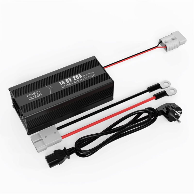 Power Queen - Chargeur de Batterie au Lithium 14,6V 20A pour Les Batteries LiFePO4, led pour Afficher l'Etat de Charge, Chargeur Batterie 12V avec 4