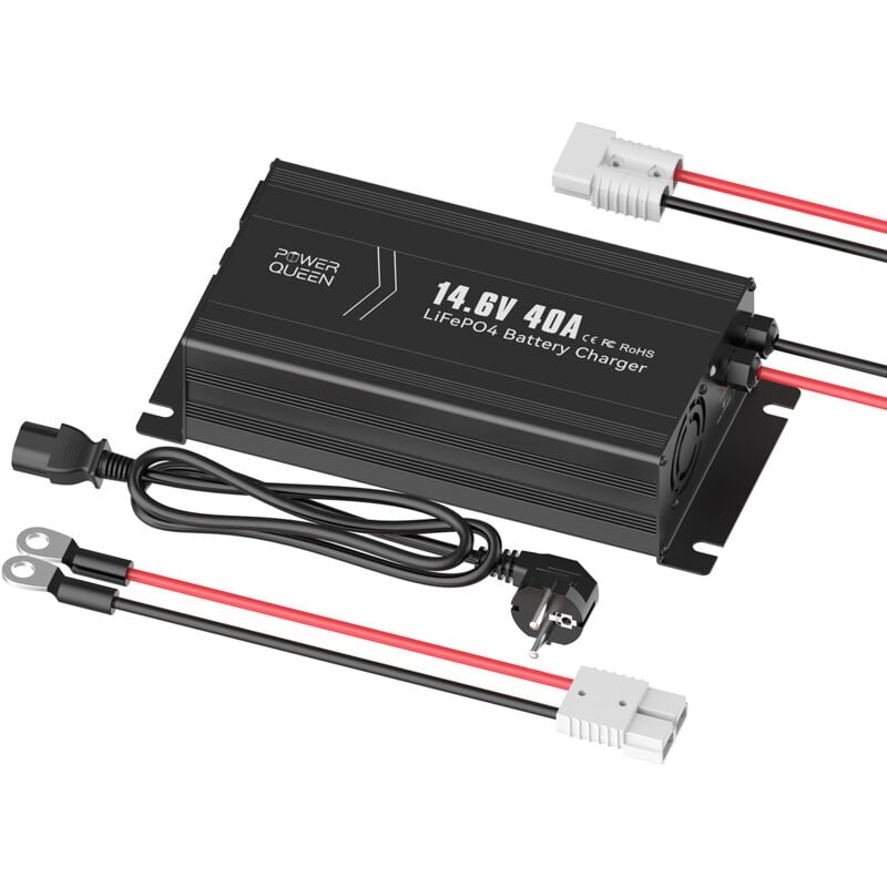 Chargeur de Batterie au Lithium 14,6V 40A Power Queen pour Les Batteries LiFePO4, led pour Afficher l'Etat de Charge, Chargeur Batterie 12V