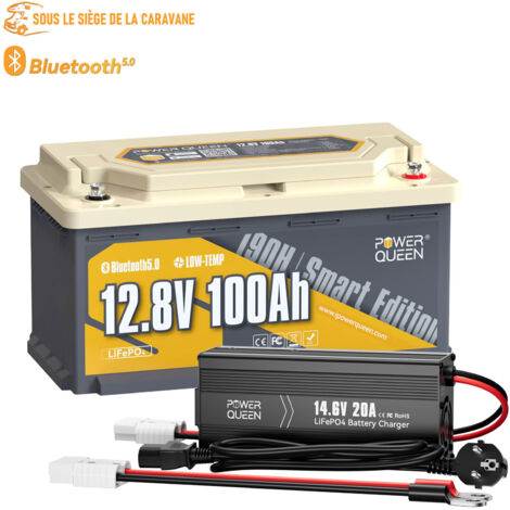 Power Queen – Batterie lithium 12V 100Ah 1280Wh LiFePO4 – Bluetooth 5.0 – Charge rapide 20A – Compatible camping-cars et systèmes solaires - Hauteur188mm