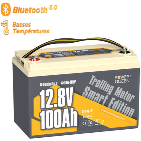 Power Queen – Batterie lithium 12V 100Ah 1280Wh LiFePO4 – Bluetooth 5.0 – Protection basse température – Compatible moteurs hors-bord et systèmes solaires - Groupe31