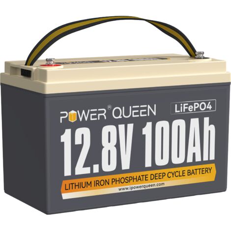 Power Queen – Batterie lithium 12V 100Ah 1280Wh LiFePO4 – BMS 100A – 4000 à 15000 cycles – Pour camping-car, solaire, hors réseau – Dimensions L329 x P172 x H214 mm