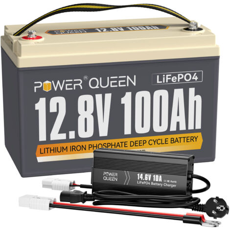 Power Queen – Batterie lithium 12V 100Ah 1280Wh LiFePO4 – Charge rapide 5h – Protection IP65 – Pour systèmes solaires et camping-cars