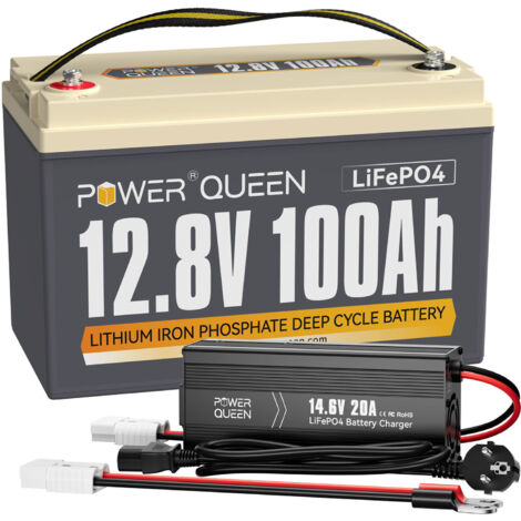 Power Queen – Batterie lithium 12V 100Ah 1280Wh LiFePO4 – Chargeur 14,6V 20A – BMS intégré pour sécurité – Compatible systèmes solaires et camping-cars