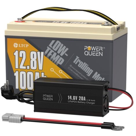 Power Queen – Batterie lithium 12V 100Ah 1280Wh LiFePO4 – Chargeur 14,6V 20A inclus – Basse température – Applications marines et solaires