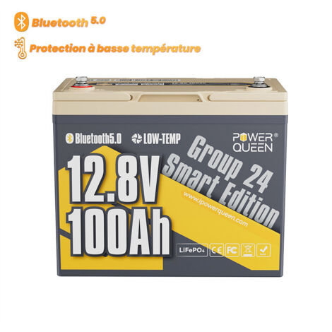 Power Queen – Batterie lithium 12V 100Ah 1280Wh LiFePO4 – Protection basse température – Bluetooth 5.0 – Pour bateau, camping-car, solaire, hors réseau - Groupe24