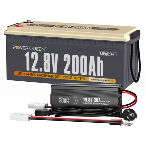 Power Queen – Batterie lithium 12V 200Ah LiFePO4 2560Wh – Chargeur 20A inclus – Protection BMS 100A – Température de fonctionnement -20℃ à 60℃