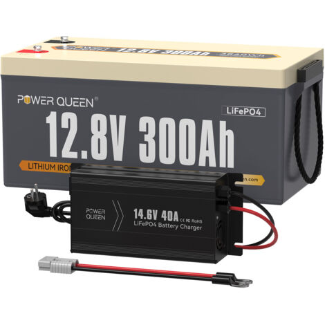 Power Queen – Batterie lithium 12V 300Ah 3840Wh LiFePO4 – Chargeur 14,6V 40A – Compatible systèmes solaires et véhicules récréatifs – Longue durée de vie 10 ans