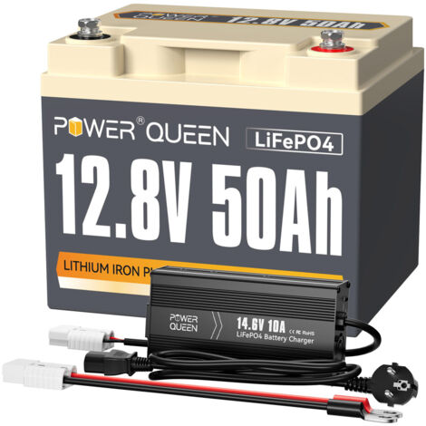 Power Queen – Batterie Lithium 12V 50Ah 640Wh LiFePO4 – Chargeur 10A inclus – Compatible systèmes solaires et véhicules électriques – Poids 5,25 kg