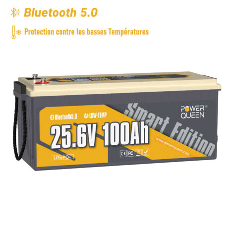 Power Queen – Batterie lithium 24V 100Ah 2560Wh – LiFePO4 Bluetooth – BMS 100A – Protection à basse température – 4000 à 15000 cycles – Solaire, camping car, bateau