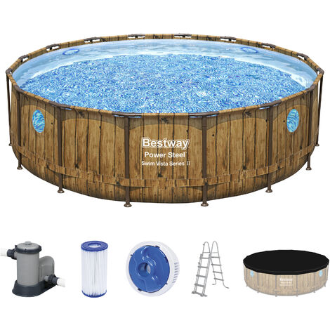 Bestway - Power Steel Swim Vista - Piscine tubulaire avec pompe de filtration et accessoires - 488x122 cm - Impression sur bois - Ronde - Marron