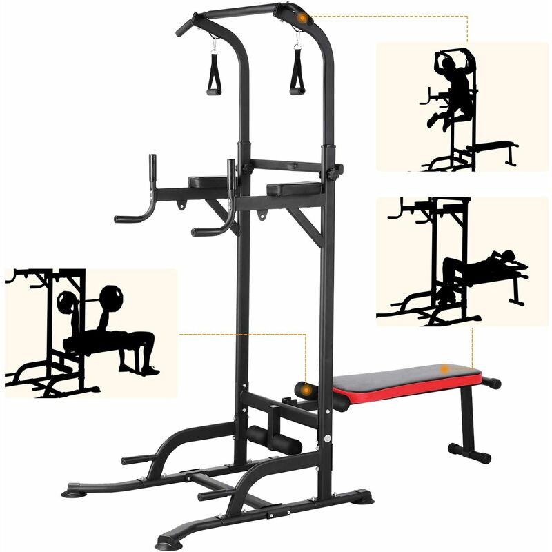 

Power Tower Dip Station, Estación de Fondos, Torre Multifuncional con Banco Plegable de Pesas, Barra de dominadas con Bandas de Entrenamiento para