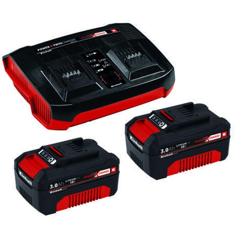 Originale Einhell 2x 3,0Ah & Twincharger Kit Power X-Change (tensione 220-240 V, 50-60 Hz, 18V, incl. 2 batterie 3 Ah e caricabatteria doppio)
