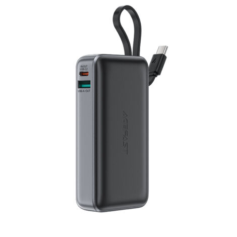 Powerbank 10 000 mAh PD30W avec câble USB-C intégré - noir