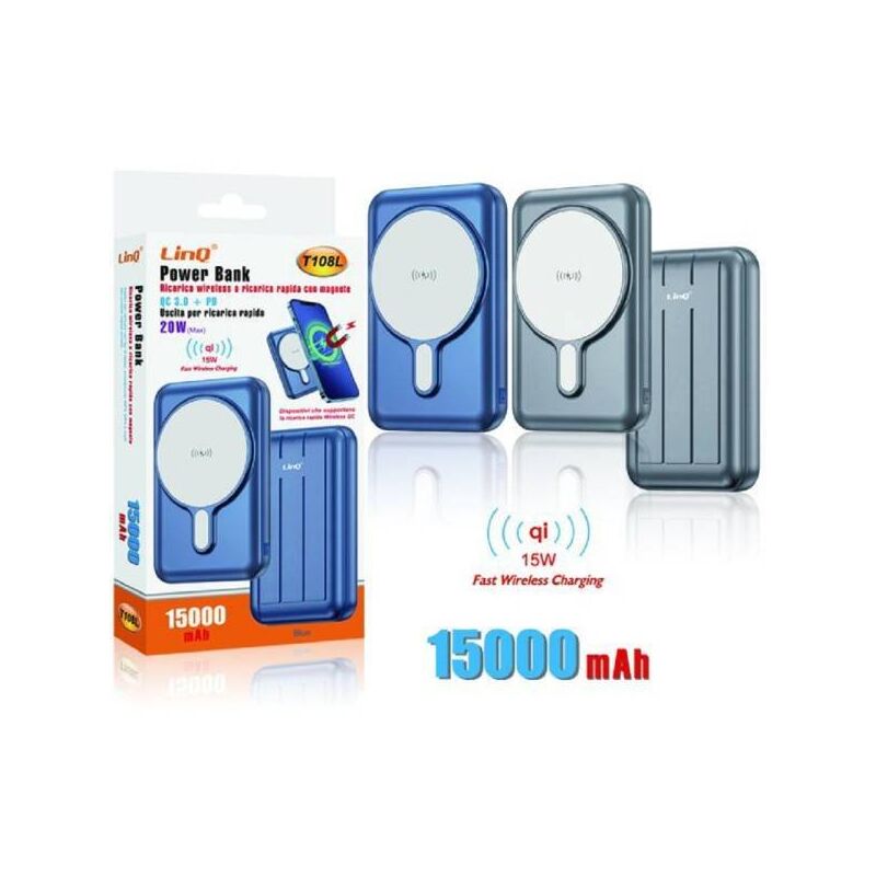 Image of Trade Shop Traesio - Trade Shop - Powerbank 15000mah Ricarica Rapida Wireless Con Magnete 15w Qc 3.0 + Pd 20w T108l